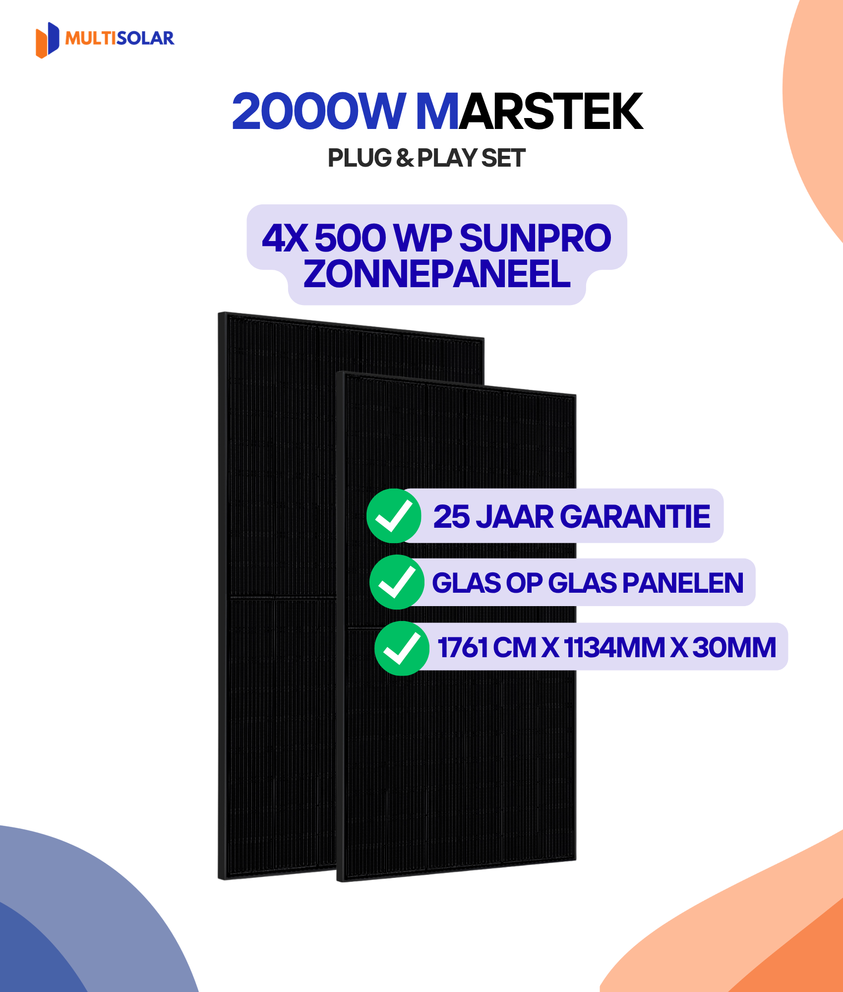2000W Plug en Play Zonnepaneel Pakket – 4 Panelen | Marstek 2000W Micro-Omvormer | Doe-het-Zelf Stopcontact