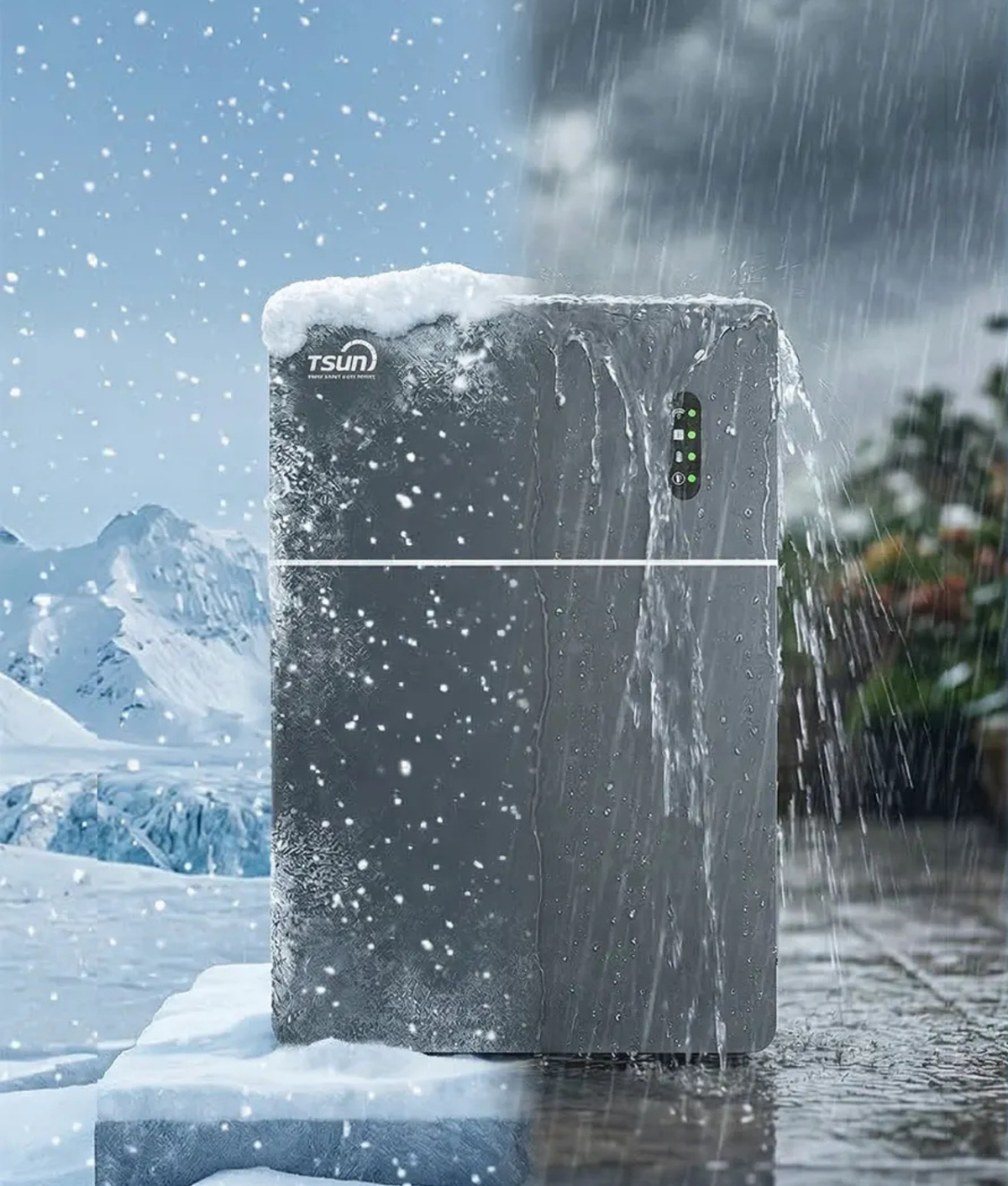 TSUN Solartrunk stekkerbatterij 5 kWh, buiten in sneeuw en regen