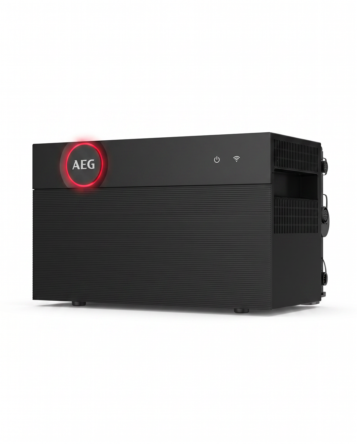 AEG Solarcube Pro AS-BBL08 stekkerbatterij 6 kWh, schuin vooraanzicht met aan/uit-knop