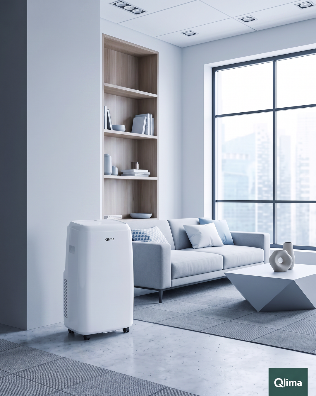 Qlima P228 mobiele airco 9.500 BTU 2,8 kW, in de woonkamer