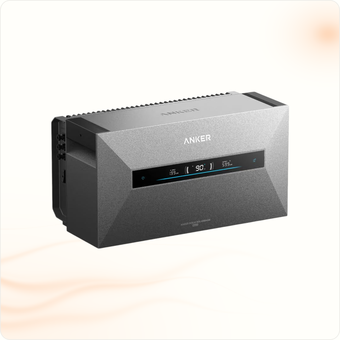 Multi Solar Anker SOLIX Solarbank Max home battery unit with a sleek grey finish and digital display screen.