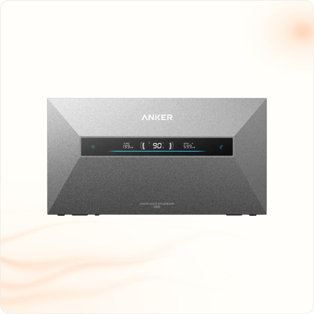Multi Solar Anker SOLIX Solarbank Max home battery unit with digital display showing power input and output levels.