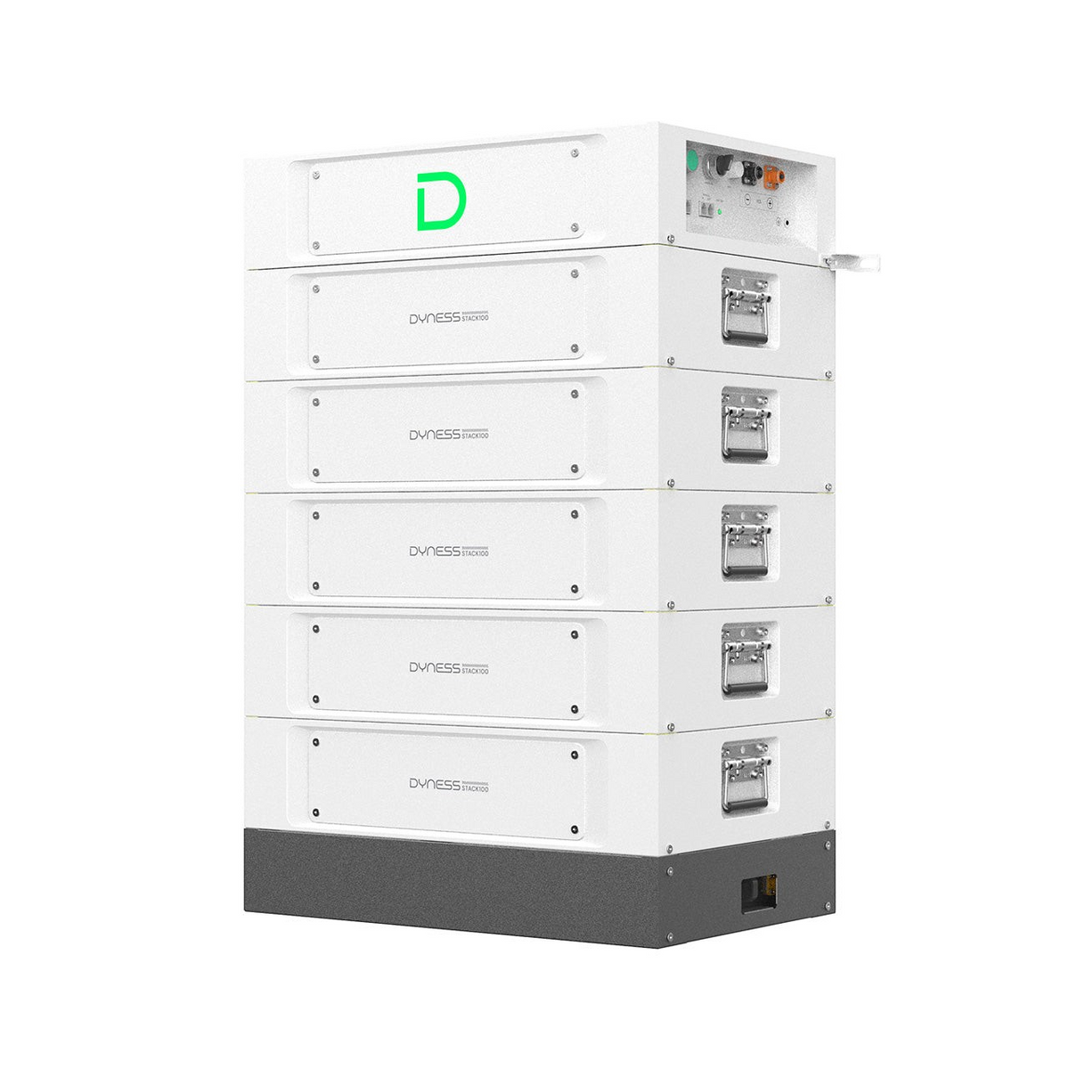 Multi Solar Dyness STACK100 modular LiFePO4 battery system stacked in white with a grey base for home energy storage.