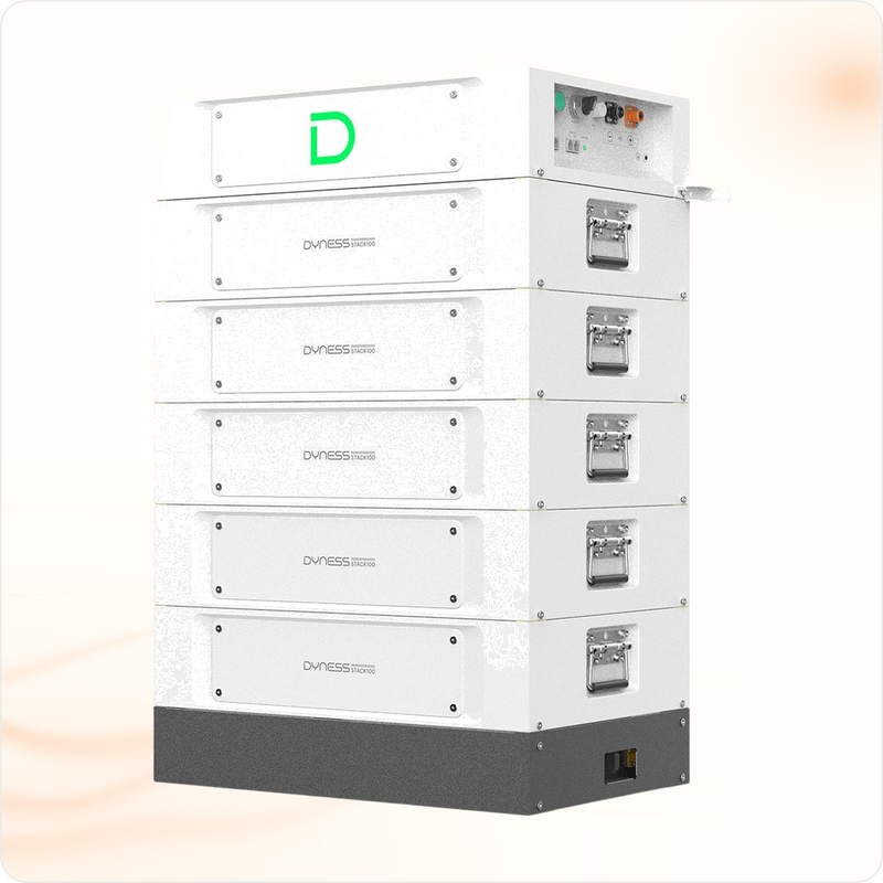 Multi Solar Dyness STACK100 modular LiFePO4 battery system for home energy storage with stacked white modules.