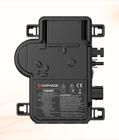 Multi Solar Enphase IQ8MC micro-inverter with black durable housing and technical specifications label
