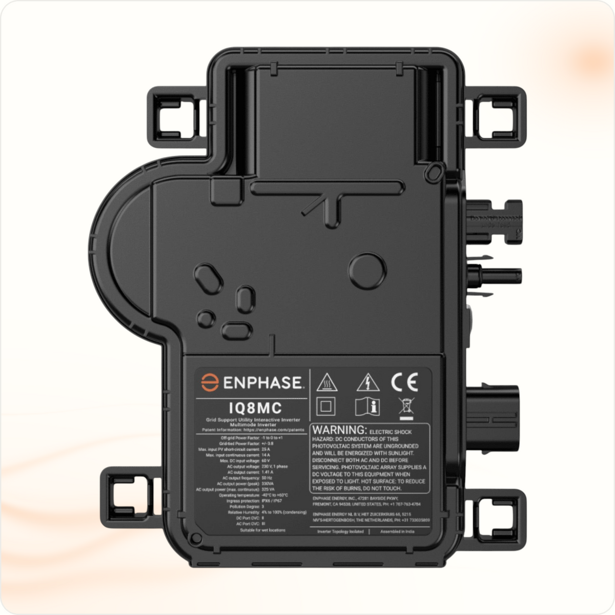 Multi Solar Enphase IQ8MC microinverter for solar panels with black durable housing and technical specifications label