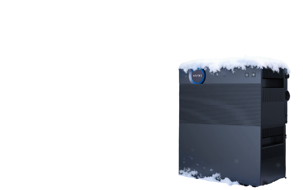 Multi Solar HYXi HALO modular home battery system with snow on top, featuring a sleek black design and LED indicator.
