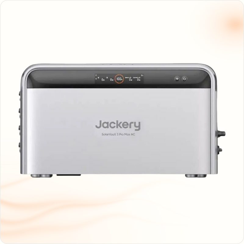 Multi Solar Jackery SolarVault 3 Pro Max AC home battery unit with digital display and silver metallic finish