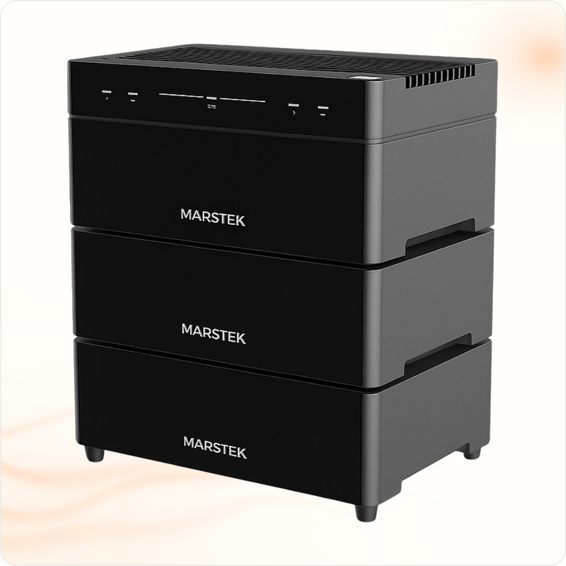 Multi Solar Marstek Venus A 6.36 kWh modular LiFePO4 home battery system in black with three stackable units.