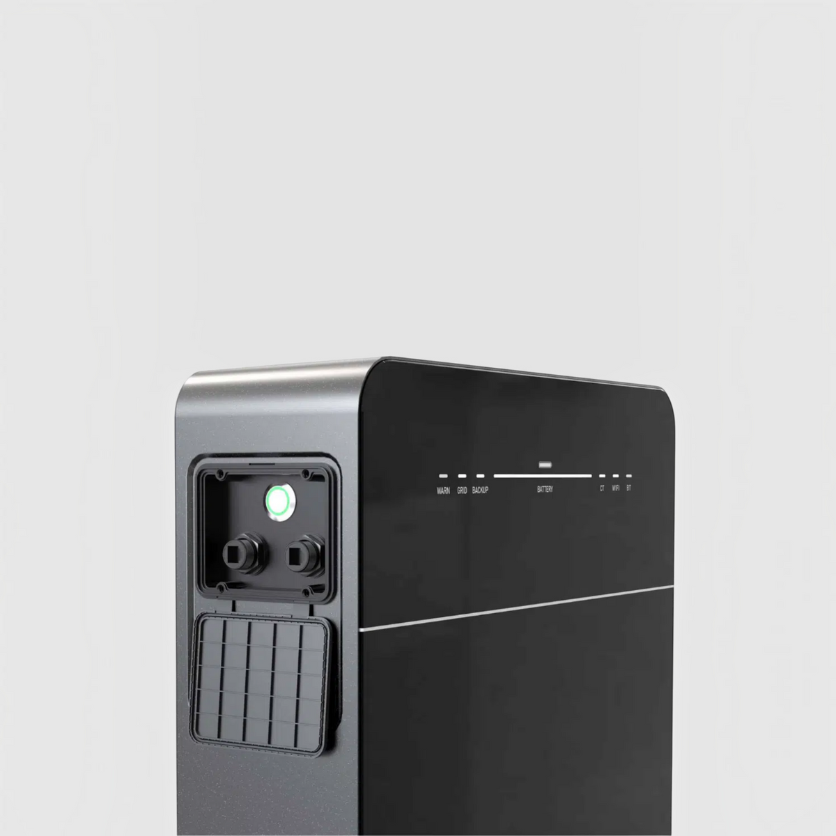 Multi Solar Marstek Venus V3 home battery with status indicator lights and open connection port on a grey background