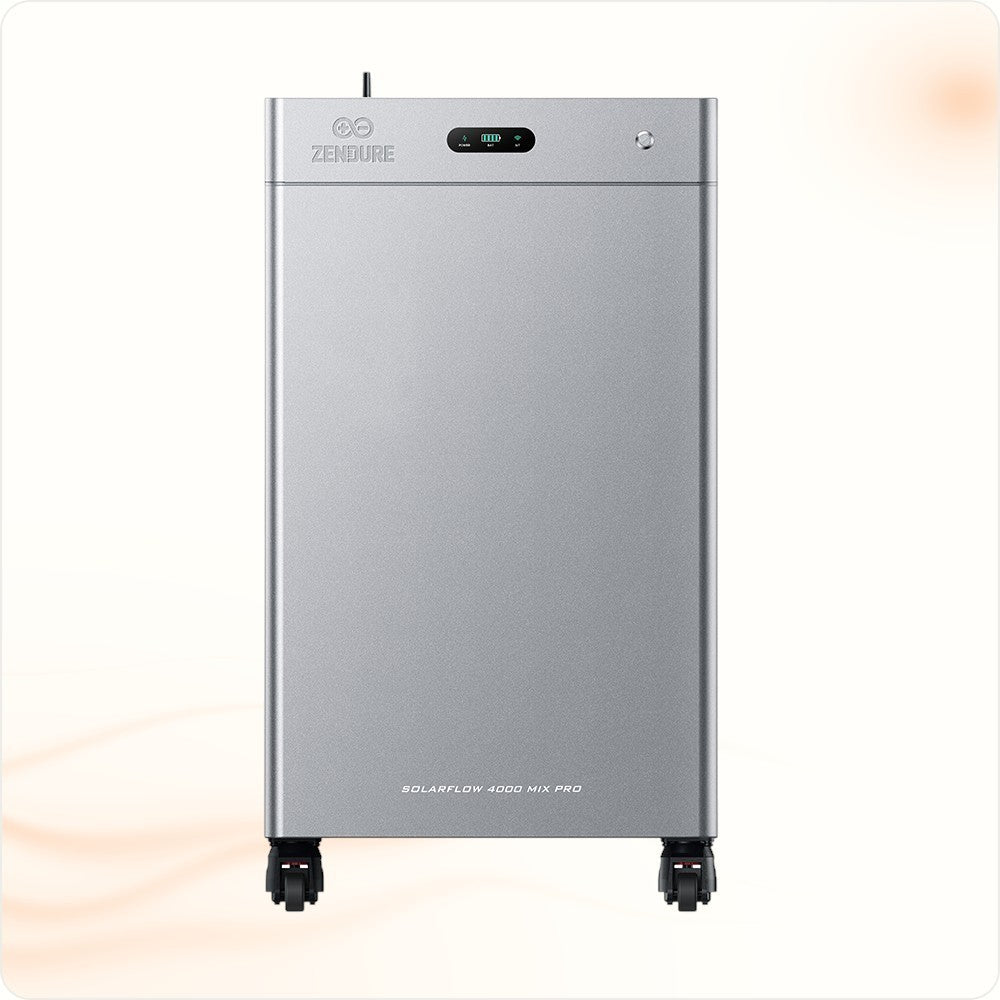 Multi Solar Zendure SolarFlow 4000 Mix AC+ home battery unit in a sleek silver finish with wheels for easy mobility.